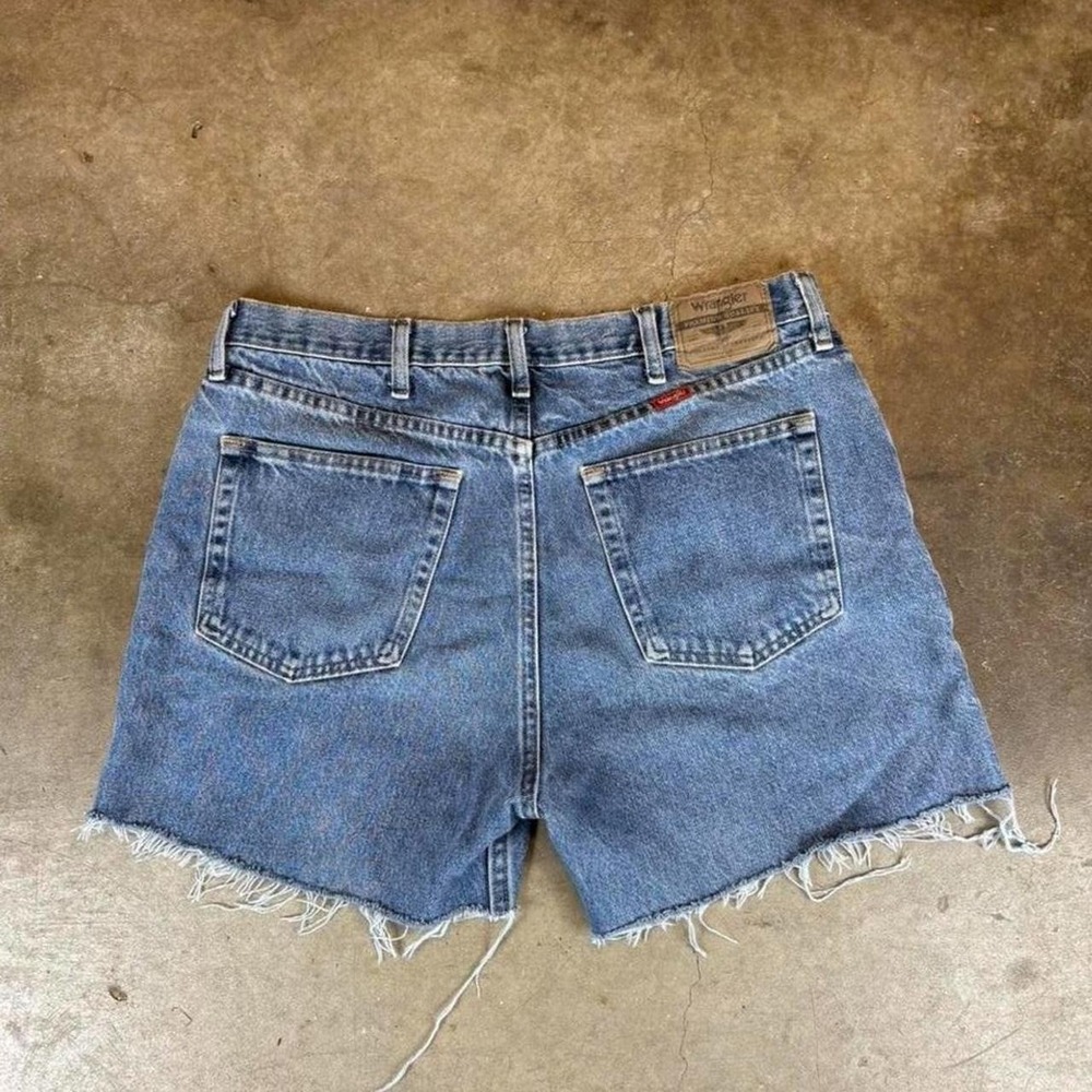 Wrangler blue denim shorts with frayed hem and button fly Size 36x30